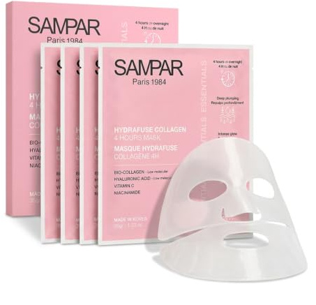 SAMPAR Paris | Masque Collagène Visage Coréen Hydrafuse 4H | 4 Monodoses | Bio Collagène, Acide Hyaluronique, Vitamine C, Niacinamide | Anti Rides | Pose 4H ou Nuit | Effet Glass Skin