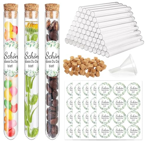 Forhandy Schön dass du da bist Gastgeschenke, 60 Stück Transparent Kunststoff Reagenzgläser mit Korken + 5 Bögen à 12 Aufkleber + 1 Trichter für DIY Gastgeschenke Hochzeit Taufe Kommunion Geburtstag