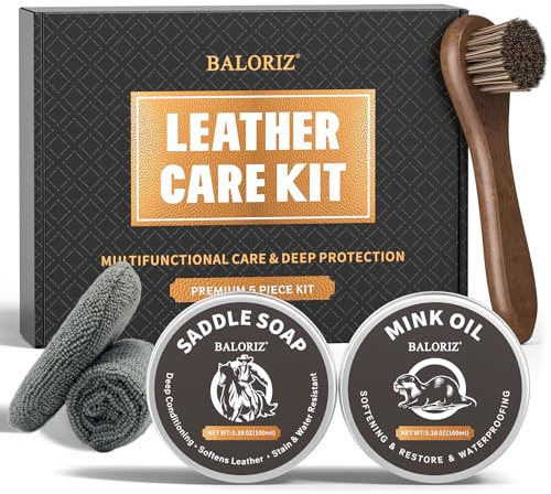 BALORIZ Leather Boot Care Kit, 5-Piece Set with Saddle Soap, Mink Oil, Applicators & Cloth, Leather Cleaner and Conditioner for Boot, Shoes, Bags, Furniture, Mens Dad Christmas Birthday Gifts Ideas