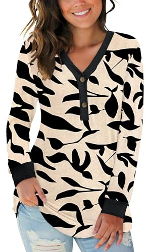 AUSELILY T-Shirt col V à Manches Longues pour Femmes Ample Décontracté Henley Chemisier Tunique Tops Bouton Blouses Feuilles Noires Abricot XL