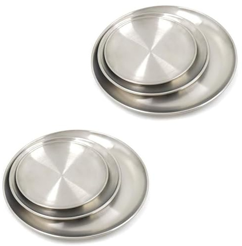 Bhina 6 Stück Silber Edelstahl Rundes Geschirr Unterteller Edelstahlteller Camping Teller Edelstahl 3 Größen von Stainless Steel Rostfreier Stahl Teller Set für Camping, Küche, Party (14/17/20cm)
