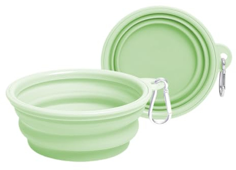 Faltbare Reisenäpfe,2 Stück, Haustier Hundenapf mit Haken Tragbare Silikon Trinkschale für Katzen,Hunde Reise Wanderungen and Camping (350ML,Grün)