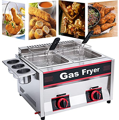 Friggitrice a gas commerciale, doppia friggitrice in acciaio inox con grande capacità, cestini rimovibili, potenza di fuoco regolabile, facile da pulire, per cucina ristorante