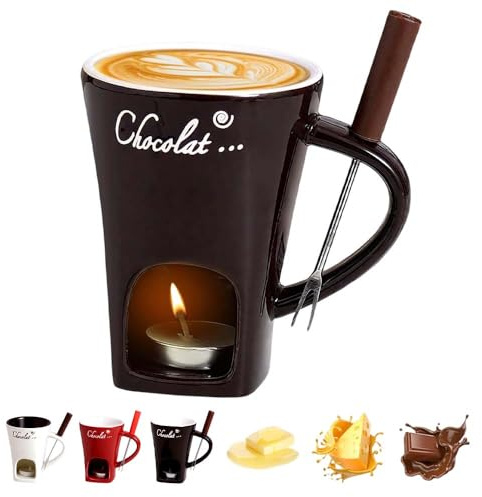 Schokofondue Tasse, 2025 Neu Fondue Tasse mit Gabel Schmelztopf für Weihnachtsplätzchen, Mehrzweck Chocolate Fondue Set für Käse, Schokolade, Butter und Karamell, Geschenke für Mama (Kaffee)