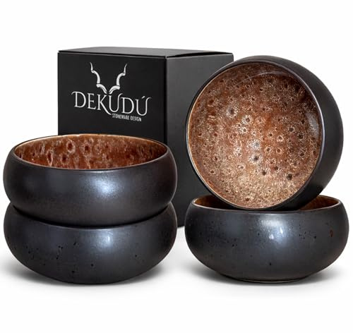 Cuencos Sopa Bol Ramen Cuencos aperitivos Bowl Ceramica Tazones Desayuno Platos Vajilla Gres de Calidad - Fabricados a Mano - 4 Piezas 15,5cm -Gran Dureza Aptos Lavavajillas Microondas, Color Negro
