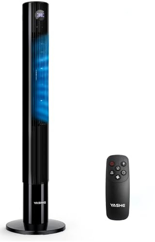 YASHE 43 Quiet Tower Fan with Remote, 28dB Bladeless Floor Fan, 3 Speeds & 2 Modes, 85° Oscillating Cooling Fan with 12H Timer, LED Display for Bedroom, Office & Home