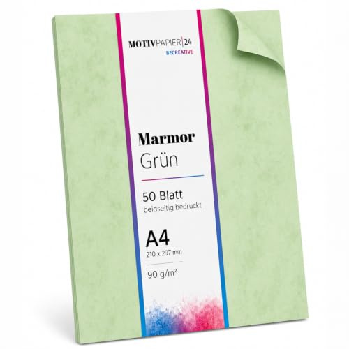 50 Blatt Briefpapier (A4) | Altes Papier Marmor grün Motivpapier marmoriert | edles Vintage Retro Design Papier | beidseitig bedruckt | Bastelpapier | 90 g/m²