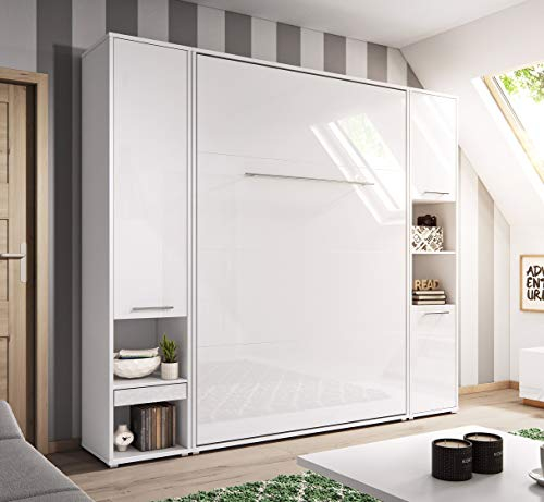 QMM Schrankbett Wandbett Wandklappbett 90x200 vertikal CP378 mit 2 Regalen weiß matt oder Hochglanz Bettschrank Kurze Lieferzeit