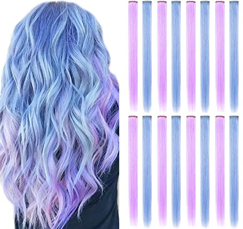 Fcysws 16 pezzi 55 cm posticci colorati estensioni dei capelli colorati clip in/on per ragazze e donne parrucca festa evidenziare pezzi di capelli verdi accessori (azzurro, viola chiaro)