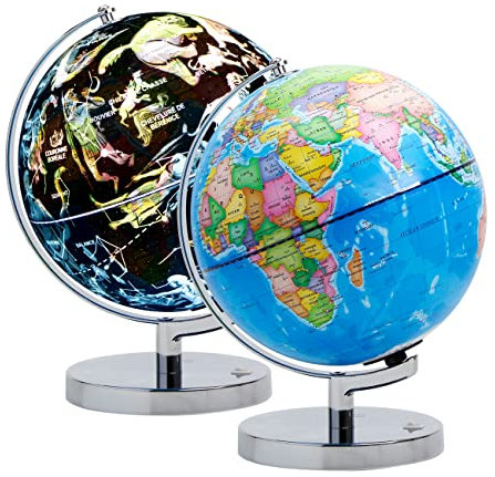 Exerz 23cm Globe Lumineux - Carte en Français- Globe Terrestre Support en Métal - Carte Politique (Jour) - Etoiles et Constellations (Nuit) - Lampe LED sans câble - Amusant et éducatif
