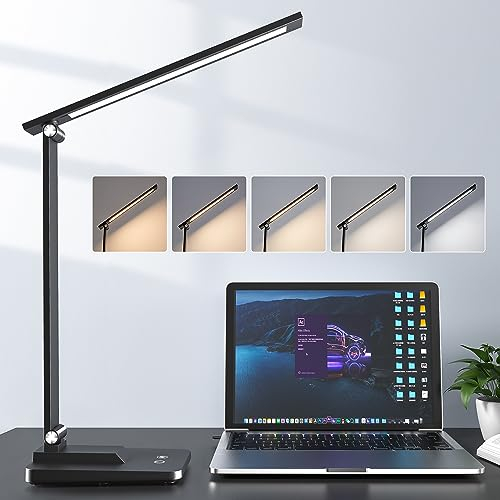 One Fire LED Desk Lamp,15 Modes Desk Light,500 Lumen Dimmable Desk Lamps, Adjustable Office Black Desk Lamps for Study Lamp, for Bedside Table