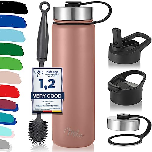 Milu Edelstahl Trinkflasche 500ml 750ml 1000ml (+3 Deckel) - Thermosflasche mit Strohhalm, Isolierte Wasserflasche, Auslaufsichere Isolierflasche doppelwandig, Kohlensäure geeignet (Rose Gold, 750ml)