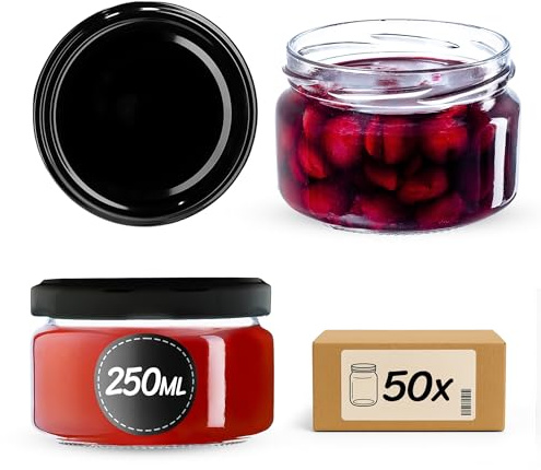 KADAX Små glasburkar på 250 ml, syltburkar med lock, lufttäta burkar att ge bort, miniglas för honung och kryddor (50 st., svarta)
