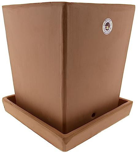 CERÁMICA ESPAÑA | Macetas de Barro Rojo | Macetas Decorativas | Macetas de cerámica | Macetas Exterior | Maceta Interior | Maceta Cuadrada - Modelo J02 | 25x25x27.5 cm | Plato Incluido