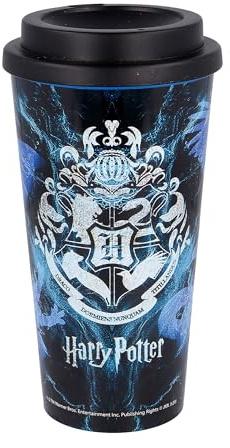 Elbenwald Harry Potter Termosmugg - 520 ml - Kaffe-To-Go-mugg med skruvlock (höjd 17,5 cm) - Blå med Hogwarts-vapenlogomotiv