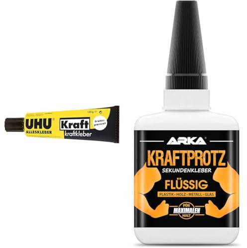 UHU Alleskleber Kraft Tube & 50 g Sekundenkleber extra stark | Inkl. Anti-Austrocknungs-Spitze | KRAFTPROTZ | Flüssiger Superkleber | Universell verwendbar zum Kleben von Plastik