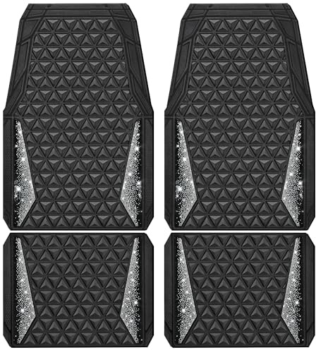 CAR PASS Bling Diamond Car Mats Rubber Floor Mats Full Set Anti-Slip 3D Rhombus Waterproof Trim to Fit Liner Universal Glitter Crystal Sparkly Shining Rhinestone Girl Women SUV Sedan Van, Black Silver