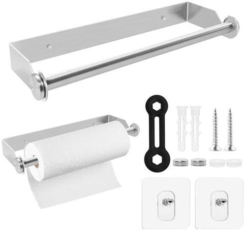 Okoss Küchenrollenhalter Wand Ohne Bohren, Küchenpapierhalter Unter Kabinett Aufkleber oder Bohrinstallation, Papierrollenhalter Edelstahl Wandmontage für Küche Badezimmer Wohnzimmer Silber, 28CM