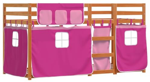 vidaXL Etagenbett, Kinderbett mit Vorhängen Leiter, Hochbett Spielbett für Kinder ab 6 Jahren, Doppel Stockbett Bett, Rosa 90x190cm Massivholz Kiefer