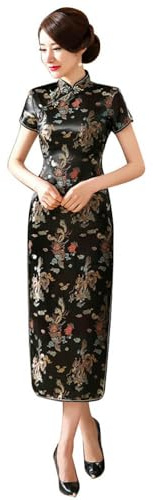 ZNLFS Abito Cheongsam per Donna Abito da Sera a Maniche Corte Vestito aderente Stile Retrò Lungo Stampato Colletto Stretto Bodycon Qipao, Drago nero., 44