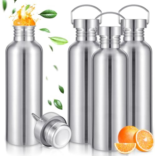 Lemecima 4 Pack 34oz Uninsulated Single Walled Stainless Steel Sports Water Bottle with Handle 304 18/8 Stainless Steel Camping Water Bottle for Cyclists Runners Hikers Beach Goers Picnics Camping
