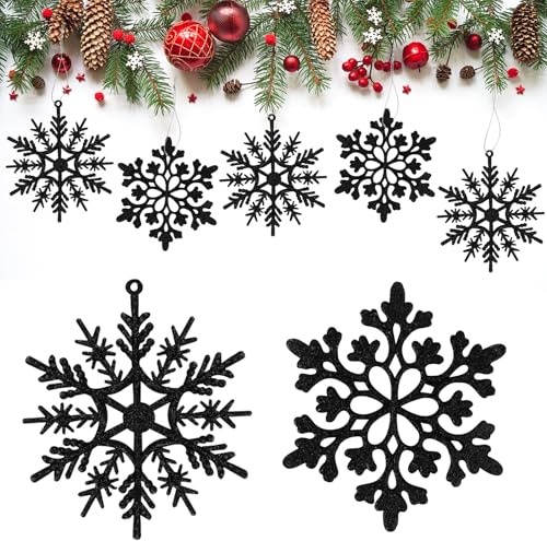 HERZONE 30pcs Weihnachtsschmuck Glitter Schneeflocken Weihnachtsbaum Anhänger 10cm Hängende Weihnachtsdeko für Weihnachtsdekoration(schwarz Schneeflocken Mix)