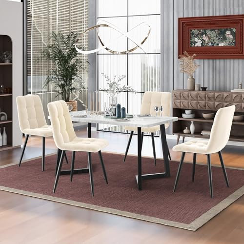YCYDHDM Esstisch mit 4 Stühlen, Essgruppe mit Essstuhl aus Samt, Rechteckig Küchentisch-Set für 4 Personen Sitzgruppe, Esstisch Set für Esszimmer Küche und Wohnzimmer, MDF Tischplatte, Beige
