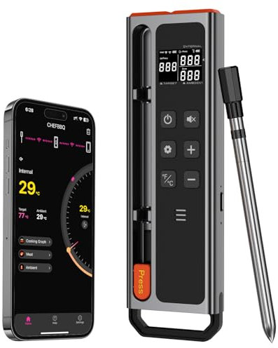 Fileeyn Termómetro de Carne Inalámbrico, 500FT Bluetooth Inteligente Termometro Cocina Con pantalla LCD, Con Temporizador y Función de Alarma, Termómetro cocina per Parrilla de Cocina, Barbaco
