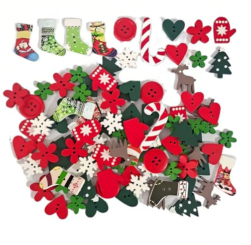 JEYORZY Lot de 50 Boutons de Noël en Bois pour Décoration, Artisanat, Scrapbooking, Couture, Cartes, Mélange Aléatoire - Accessoires Festifs et Originaux pour Fêter Noël dans la Joie !
