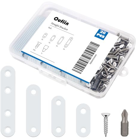26 PCS White Stainless Steel Straight Bracket Flat Brace, 1.4 in / 1.8 in / 2.2 in / 3.0 in Wood Brackets Mending Repair Plate Brace for Bed Frame, Furniture & Shelves, with 64 White Screws and 1 Bit