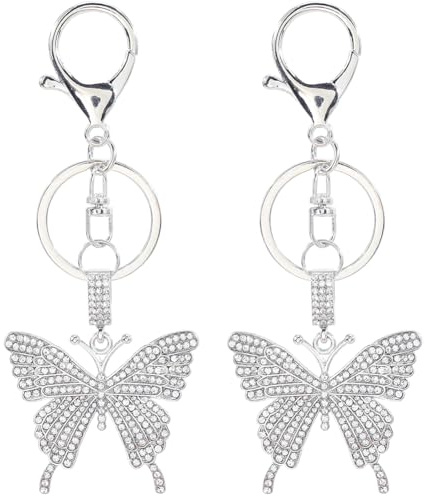 SOFPLATE 1 boîte de 2 porte Clés Papillon Strass Cristal Animal Porte Clés Alliage Argent Scintillant Insecte Aile Métal Pendentifs Sacs à Main Ornements pour Clés de Voiture Sac à Main Fête Faveur Fe