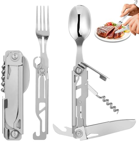 Ixydor Edelstahl Besteck 5 in 1 Klappbesteck Campingbesteck als Essbesteck Set mit Gürteltasche,Outdoor Tragbares Besteck,Outdoor Survival Reisebesteck,Edelstahl Reisebesteck für Picknick