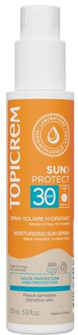 Topicrem - Sun Protect, Spray Solaire Hydratant Visage et Corps SPF30 - Fluide Solaire Très Haute Protection, Hydrate 8h - Soin Peaux Sensibles, Dès 3 Ans - Parfum Ensoleillé - 150 ml