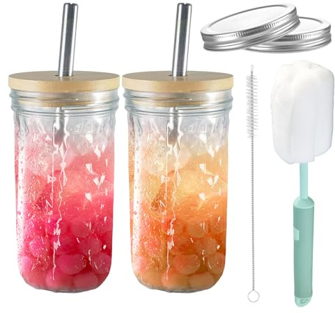 Henrrida Lot de 2 tasses à thé aux perles de 710 ml avec couvercles et pailles, bocaux Mason réutilisables, adaptés pour boire, eau, cocktails, whisky, bulles - 710 ml