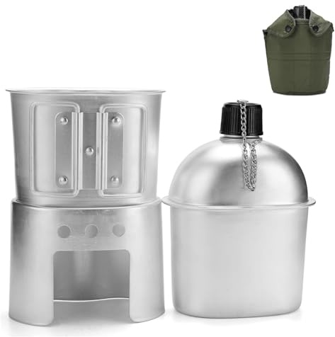Homaskylynn Set di 4 Borracce Militari, Kit for Borraccia, Tazza, Fornello, for Campeggio, Sopravvivenza, Escursionismo, Zaino in Spalla, Alluminio(1set)