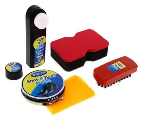 Black Shoe Shine Kit 5 Piece Set – Includes Black Liquid Shoe Polish & Buffer, Durable Shoe Brush, Soft Shoe Cloth, Shoe Buffer – Professional Leather Shoe Boot Polish Shoe Cleaning Conditioning Resto