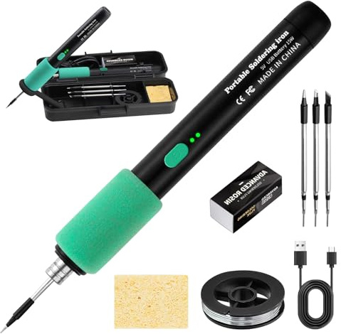 Kit de fer à souder 15 W, batterie USB, fer à souder avec 3 températures réglables de 230 ℃ à 450 ℃, 3 pointes de soudure, fil à souder, support de fer à souder, professionnel, sûr, compact, facile à