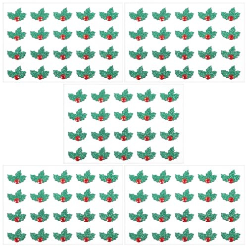 Abaodam 5 hojas de calcomanías de hojas de acebo de Navidad verde y rojo, calcomanías decorativas de Navidad, trébol acrílico, manualidades, decoración del hogar