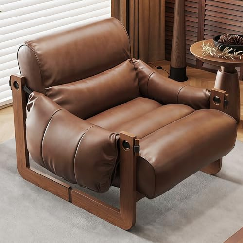 Generisch Sessel mit Armlehnen & Massivholzbeinen, Mid Century Loungesessel aus PU-Leder, Vintage Lesesessel, Relaxsessel für Wohnzimmer & Schlafzimmer, Braun