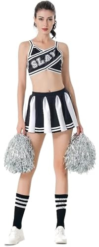 CNYUON Frauen Sexy Schule Cheerleader Bühne Kleid Cheerleading Kostüme Erwachsene Cheer Uniform mit Accessoires(Black B,S)