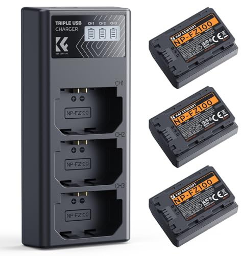 K&F CONCEPT 3-Pack NP-FZ100 Battery and Triple Slot Charger A7iv Battery | Compatible With Sony A7iii, FX3, FX30, ZV-E1, ZV-E10 ii, A7C, A7R3, A7R4, A9, A6600