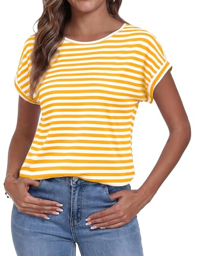 Terecey Gestreiftes Shirt Damen Rundhals Kurzarm Basic Ringelshirt | Weiches Tragegefühl, Leicht und Atmungsaktiv, Umschlagärmel, Normale Passform, Für Alltag Büro Urlaub und Freizeit