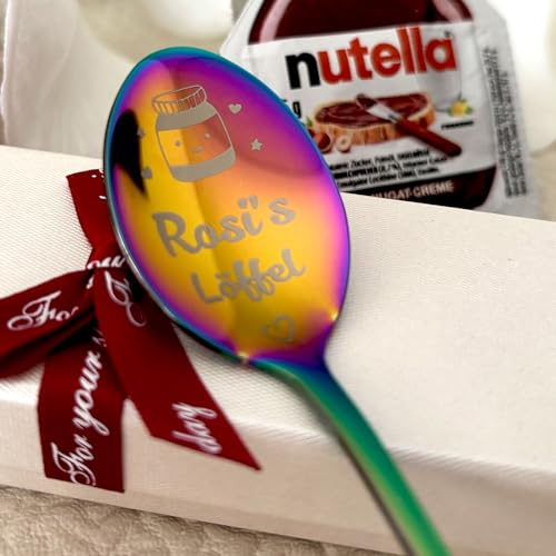 Personalisierter Edelstahl-Löffel mit Lasergravur, Regenbogenfarben, Geschenkset mit Nutella Mini, individuelle Beschriftung auf Löffel und Griff