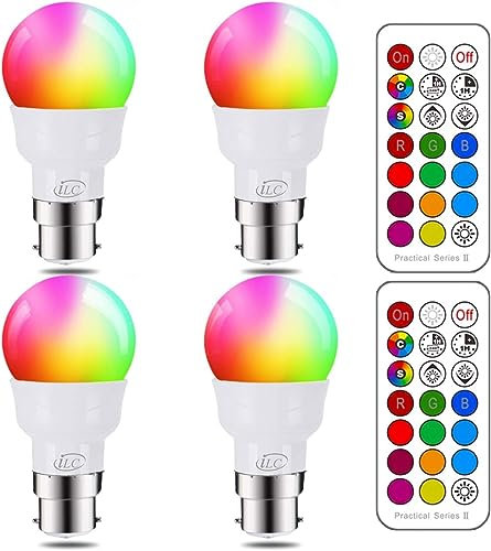 iLC LED Lampadine colorate Dimmerabile Cambiare colore Lampadina RGB Bianco Caldo 5700K - 12 Scelte di Colore - 5 Watt B22 RGBW Colori luce atmosfera Notturna - Telecomando Incluso (Confezione da 4)