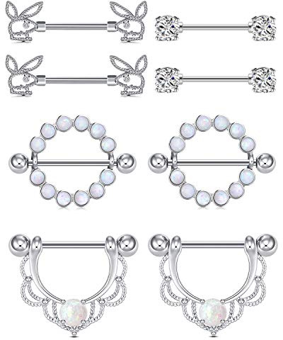 Crdifu 4 paires de barres de mamelon en argent anneaux de bouclier de mamelon ensemble 14G en acier inoxydable mamelon Piercing bijoux CZ cristal opale