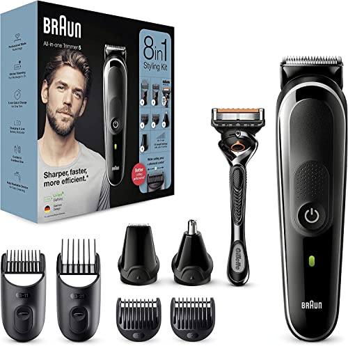 Braun 8-in-1 All-in-One Series 5, Male Grooming Kit with Beard Trimmer, Hair Clippers, Ear & Nose Trimmer & Gillette Razor, 6 Attachments, Gifts for Men, UK 2 Pin Plug, MGK5260, Black/Grey