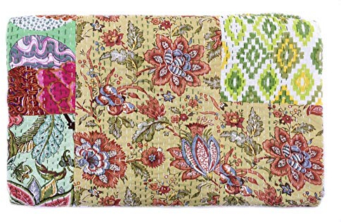 Sophia-Art Indische King/Twin Size Bohemian Traditionelle Bettwäsche Kantha-Mix Patchwork Kantha Ralllies Ethnische Wendedecke Tagesdecke Handgemachte Kantha-Steppdecke (grüner Patch, 152,4 x 228,6