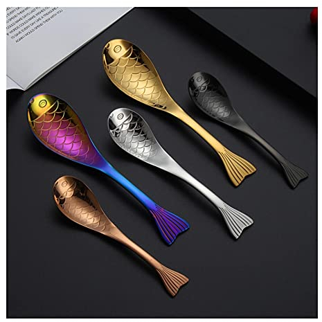 XinYuan Spoons 304 Stainless Steel Creative Fish Shape Soup Spoon Home Dessert Coffee Rice Spoon Children's Cartoon Spoon Flatware Sets (Color : Black, Size : L)