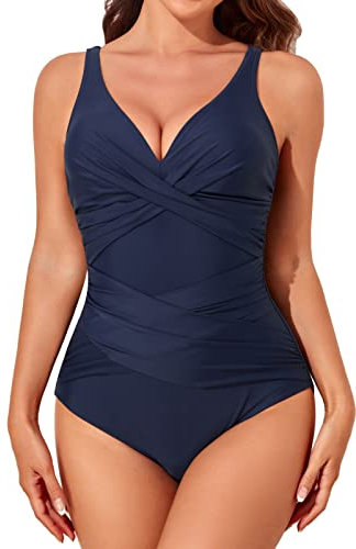 Smismivo Baddräkt för kvinnor med magen push-up baddräkt med retro slimhet förfining ett stycke badmode badkläder för kvinnor, Marinblå, L