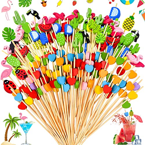 SoundZero 200 Stück Cocktail Picks Holz Zahnstocher, Cocktail Sticks Bunt, Cocktail Zubehör Deko Set, Mit Herz, Wassermelone, Ananas, Rosa Flamingo, Kaktus, Gut für Bar, Party, Kinder(Bunt) | Cocktail Zubehör Deko Set, Mit Herz, Wassermelone, Ananas, Rosa Flamingo, Kaktus, Gut für Bar, Party, Kinder(Bunt)